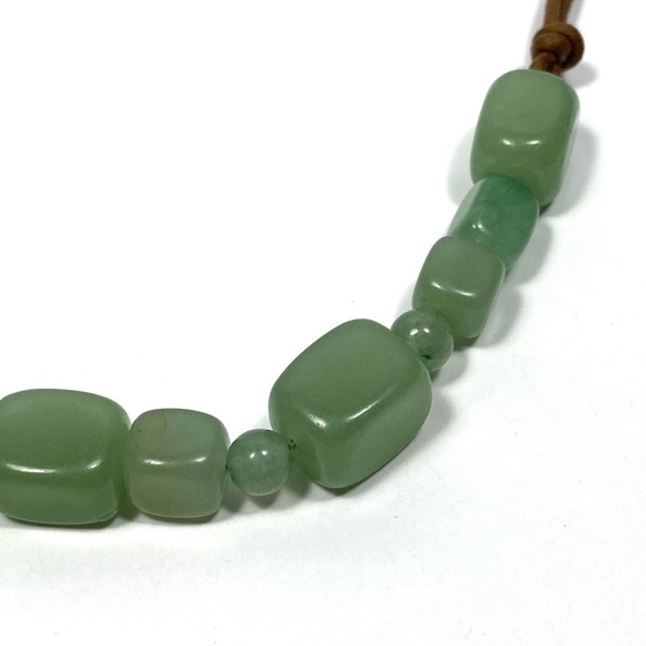 Necklace Jadeite Green Stones Brown Leather 925 Findings 17.5”+4” - Picture 3 of 15